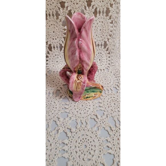 Tulip Bud Vase Handpainted In Italy 2006. Pinkish Purple With Yellow And Brown - Picture 4 of 11